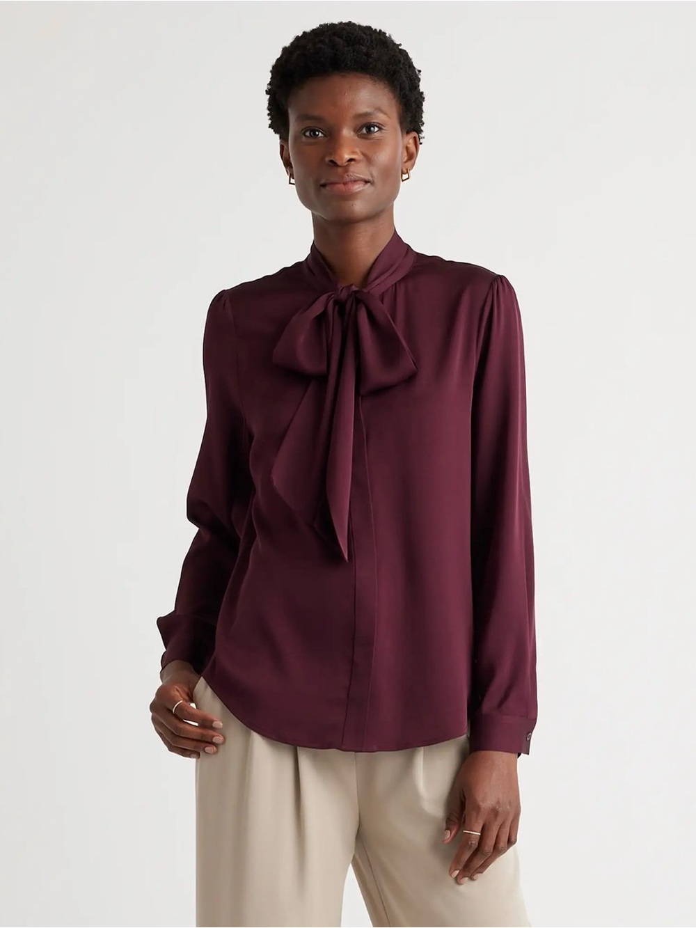 🆕 QUINCE Washable Stretch Silk Tie Neck Blouse - Picture 2 of 14
